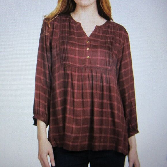 WRANGLER Brown Rust Plaid Blouse Womens Size M (8-10) Popover Top Shirt NWT - Picture 1 of 13